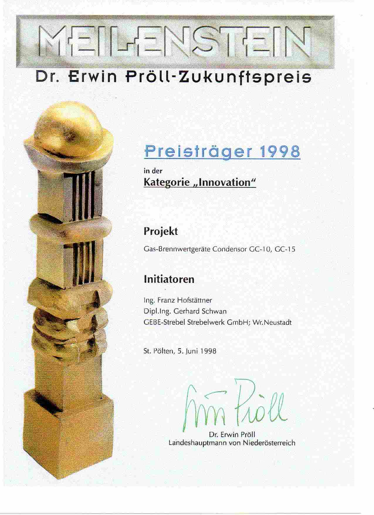 Zertifikat Zukunftspreis 1998